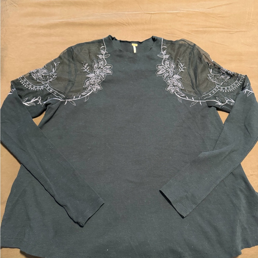 Free People Black Floral Embroidered Long Sleeve Top